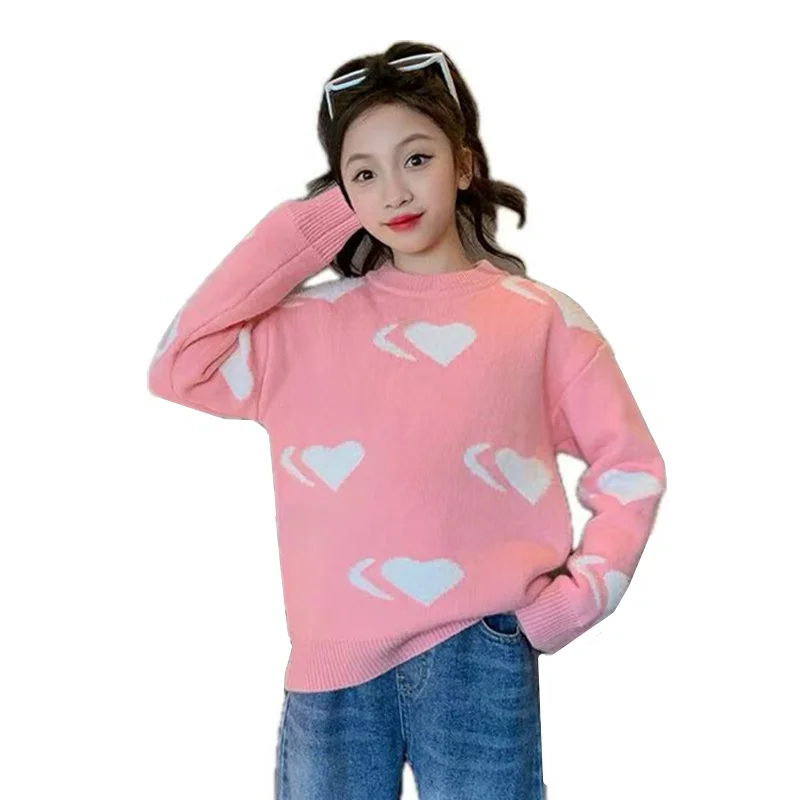 

Korean Girl Pink Sweater with Hearts For Teenager Knitted High Streetwear Kids Fashion Pullover Knitwear Child Elegant Outerwear