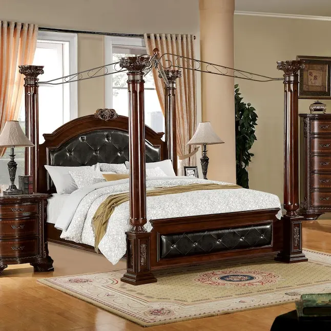 American Luxury Antique King Canopy Bed Bedroom Set with Storage Hand Carved Solid Wood Traditional Design Adjustable Height