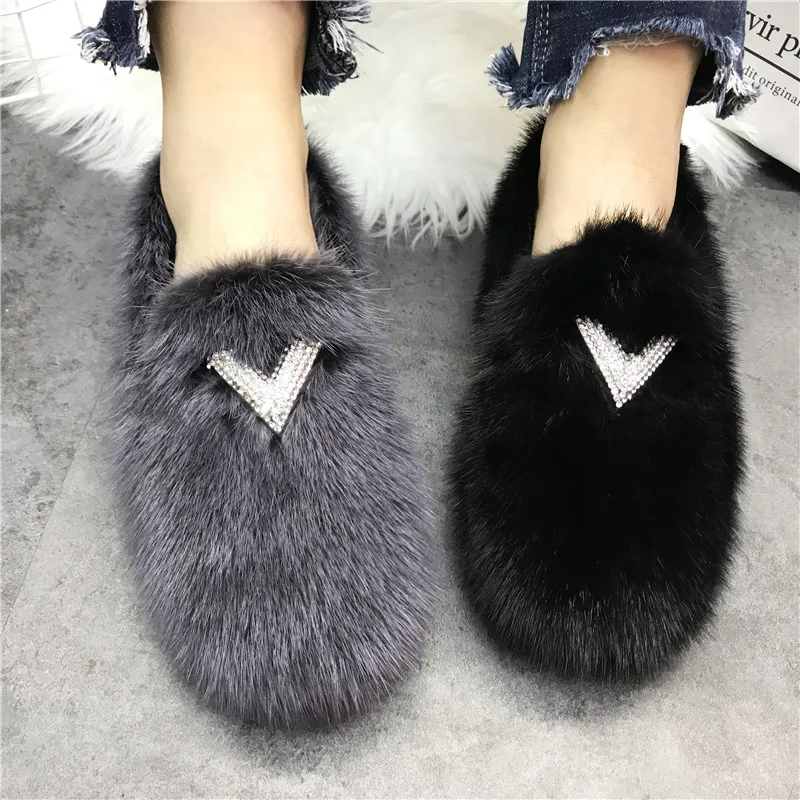 Crystal V Women Winter Warm Fur Flats Casual Moccasins Driving Walking Loafers Ladies Real Mink Fur Flat Shoes Espadrilles