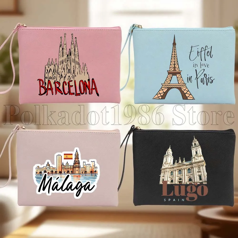 

Милый Эйфель Париж Луго Барселона Рим Берлин Малага городской пейзаж Косметички из искусственной кожи Кошелек Косметичка Водонепроницаемая сумка для хранения
