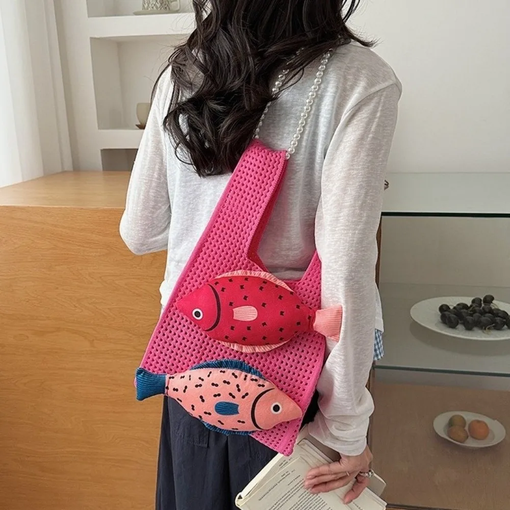 

Large Capacity Fish Knitted Handbag Pearl Shoulder Strap Simple Single Shoulder Bag Eco-Friendly Foldable Hollow Out Beach Bag