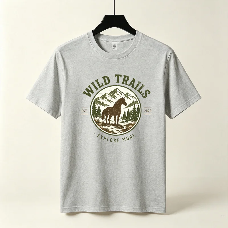 Wild Trails Graphic Tshirt Unisex Horse Mountain Forest Design Short Sleeve Retro Nature Adventure Outdoor Casual Tees Y2k Top