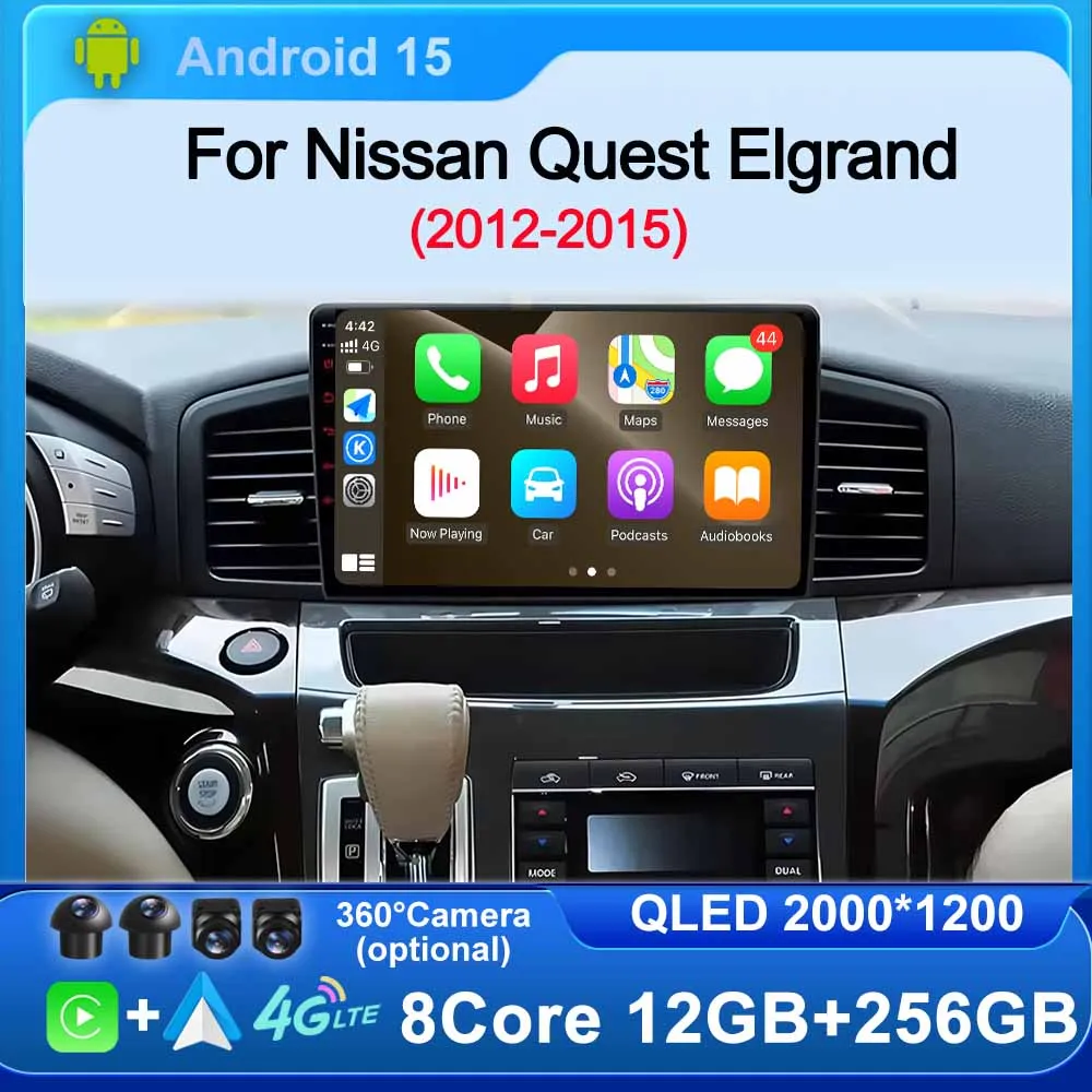 أندرويد 15 لنيسان كويست Elgrand 2012-2015 راديو السيارة الملاحة GPS BT ستيريو الوسائط المتعددة مشغل فيديو 4G WIFI 360 كاميرا QLED