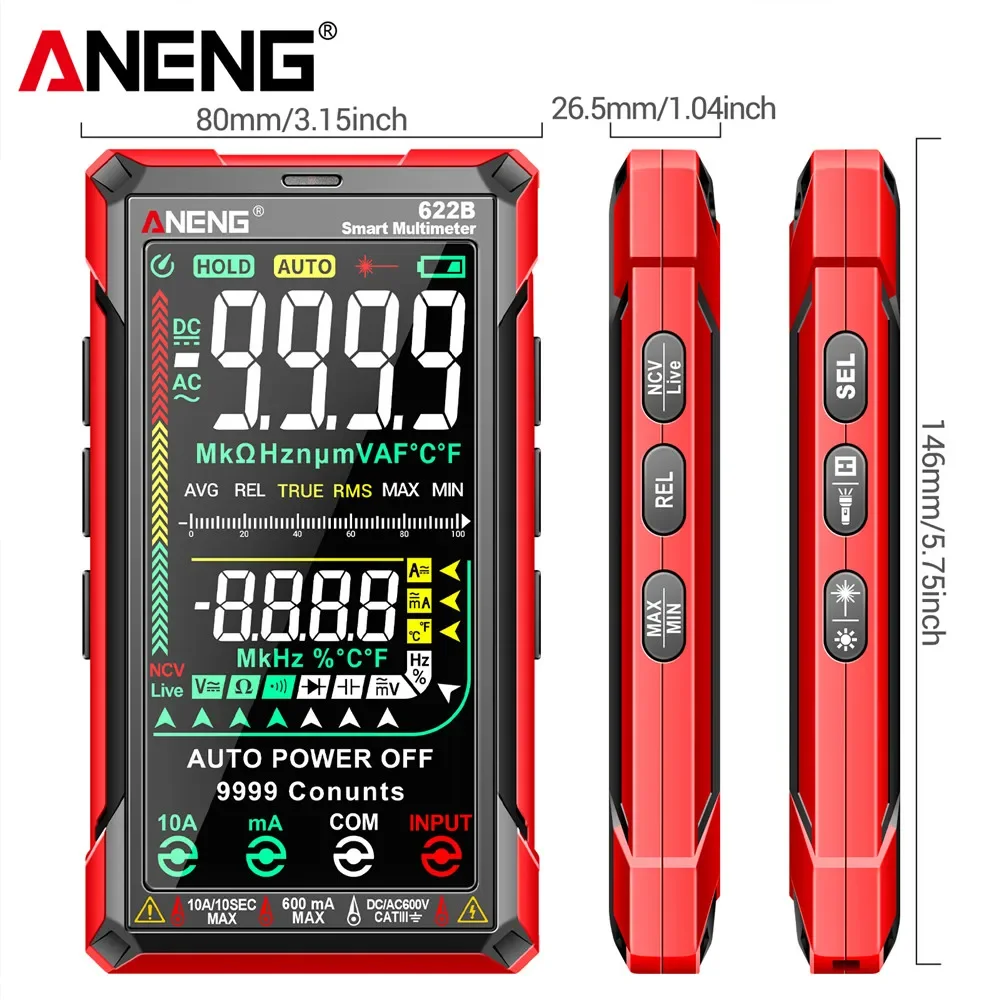 ANENG 622B VA Screen Multímetro Digital 9999 Count Tester Multimetro Meter Multitester with Laser Lamp Capacitance Ohm Multimete