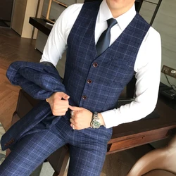 ( Vest + Pants ) 2Pce Set Mens Fashion Plaid Slim Casual Business Suit Vest Pants Groom Wedding Dress Formal Waist Coat Trousers