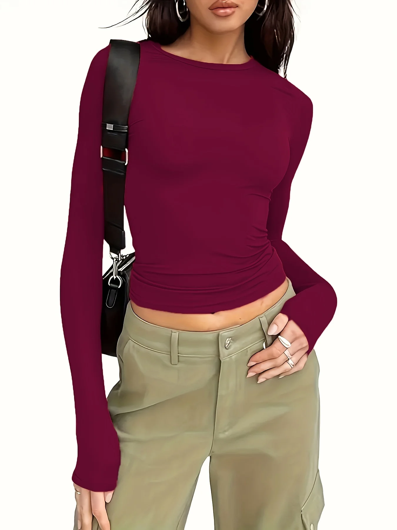 Damen-T-Shirt für Pendlerinnen, lässig, schlicht und modisch, einfarbig, mit langen Ärmeln – Detail 7