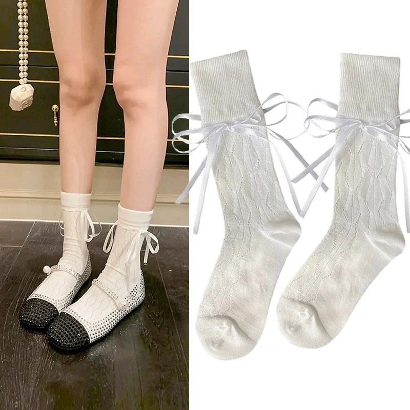 

Solid Color Bow Tie Sock Women Girls Lace Striped Stocking Lolita Sweet Bandage Bowknot Kawaii Long Sock Hollow Fishnet Hosiery