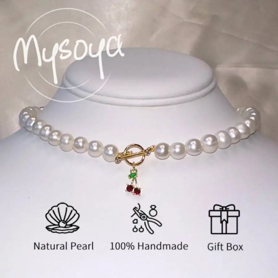 

Ожерелье MYSOYA из белого пресноводного жемчуга с подвеской в виде вишни, жемчужины 8-9 мм, подарочная коробка для него/нее, подходит для дня рождения/свадьбы