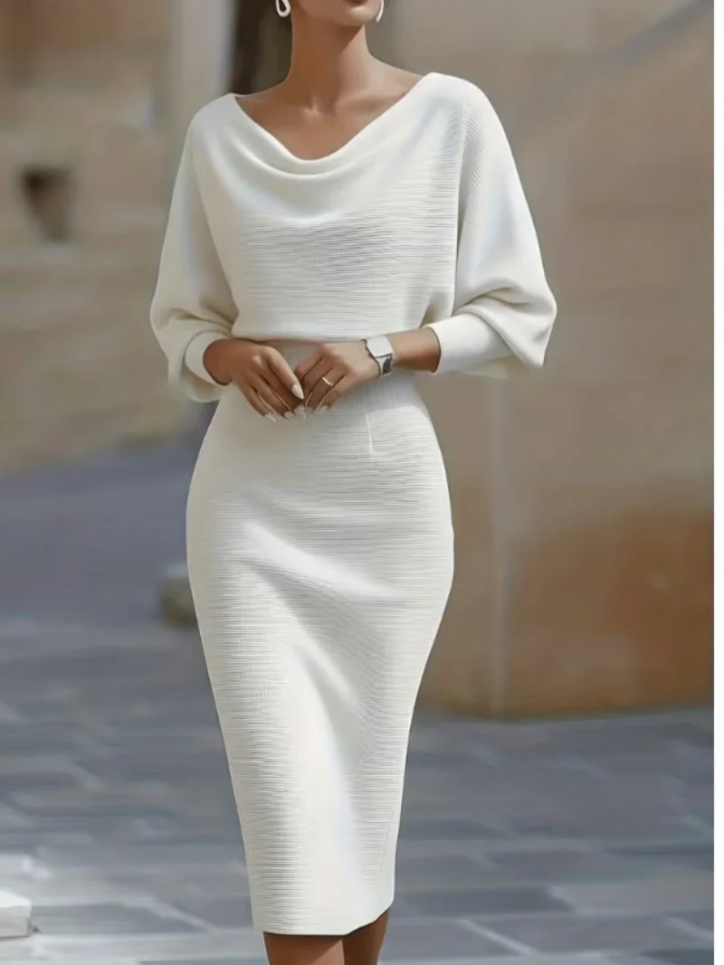 Elegant White Cowl Neck Midi Dress - Long Sleeves Bodycon Fit Perfect for Office Party Wedding