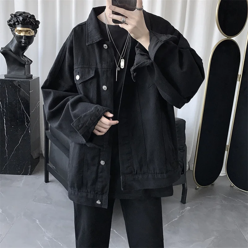 

Black Denim Short Jacket Men Turn Down Collar Bomber Jacket Jeans Coats Casual Pockets Overalls Streetwear Man Clothing Outwear