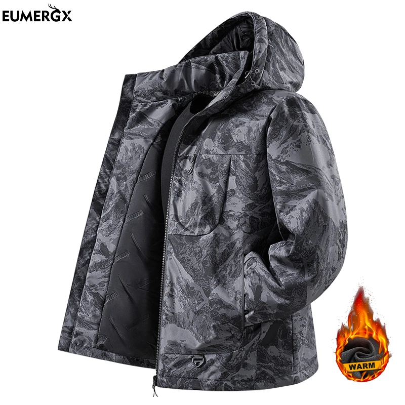 EUMERGX Warm Fleece Jackets Men Waterproof Windproof Winter Windbreaker Hiking Camping Skiing Climbing Rain Coat Graphene Inner
