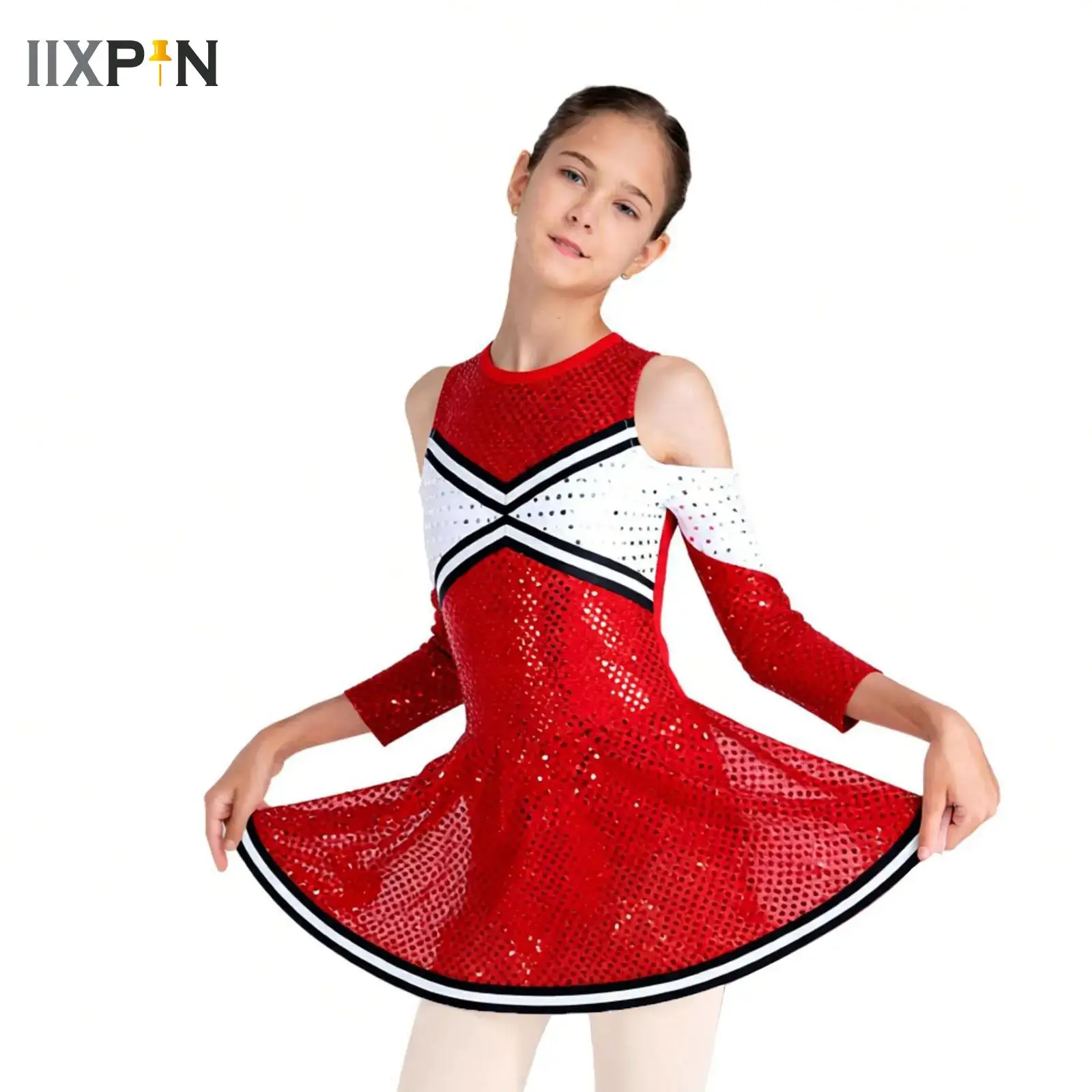 

Teens Girls Cheerleading Uniforms School Cheer Dance Outfit Cheerleader Competition Costume Shiny Sequins Cheerlead Uniforms