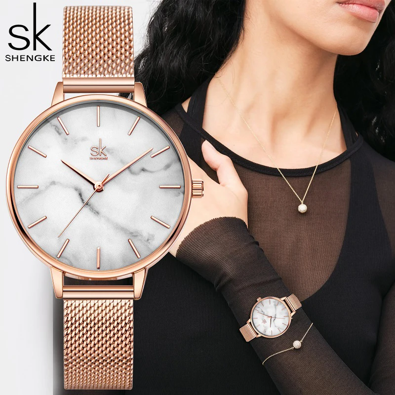 

Shengke Emerald Dial Women Watch Rosegold Stainless Steel Band Watch Marble Surface Reloj Mujer New Original Brand Watch forGirl