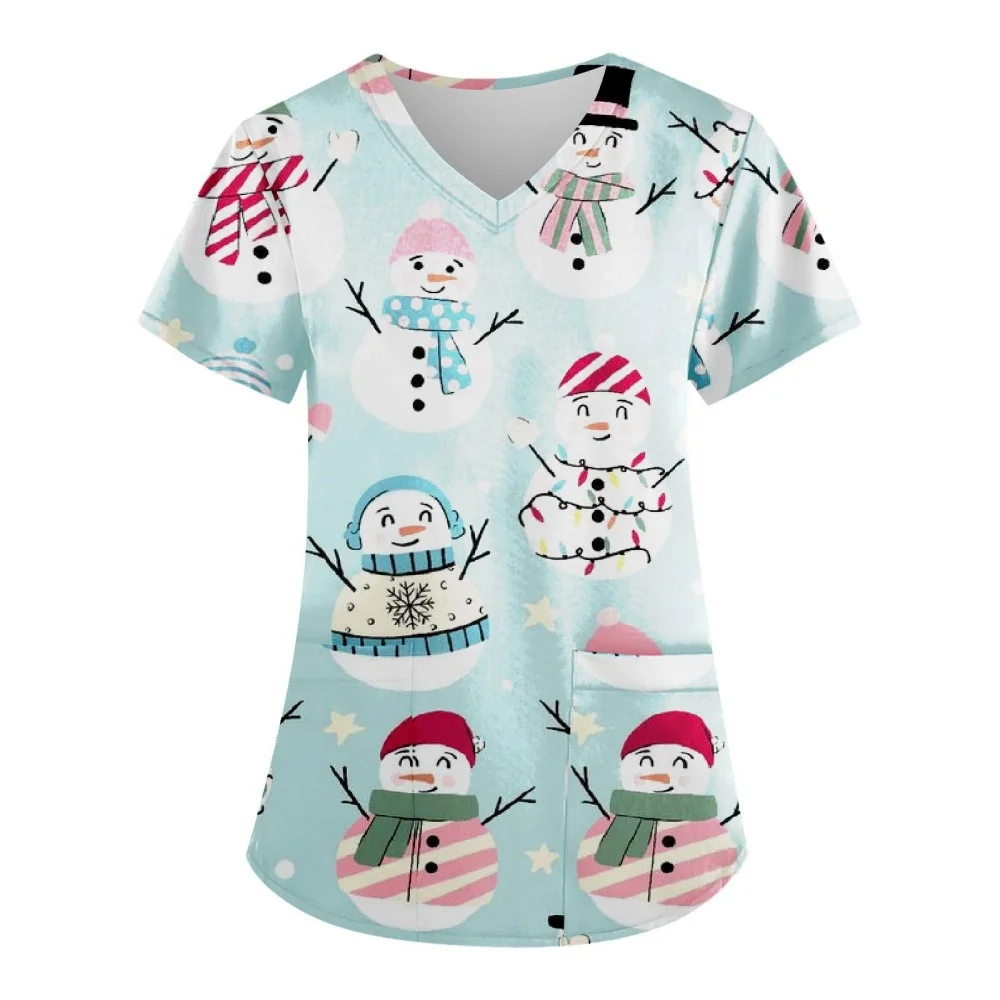 Christmas Scrubs Medical Uniforms Woman Fashion Snowman Print Summer Casual V-Neck Short Sleeve with Pockets Surgical Uniform