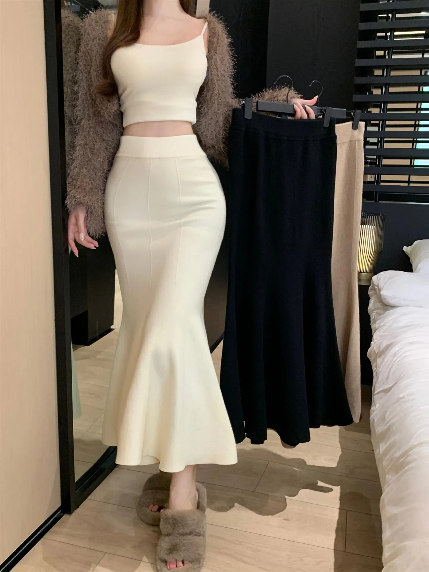 

Эластичная юбка с завышенной талией для девочек, осенняя коллекция, французский стиль, однотонная облегающая юбка, повседневная одежда, возраст 8-24 года