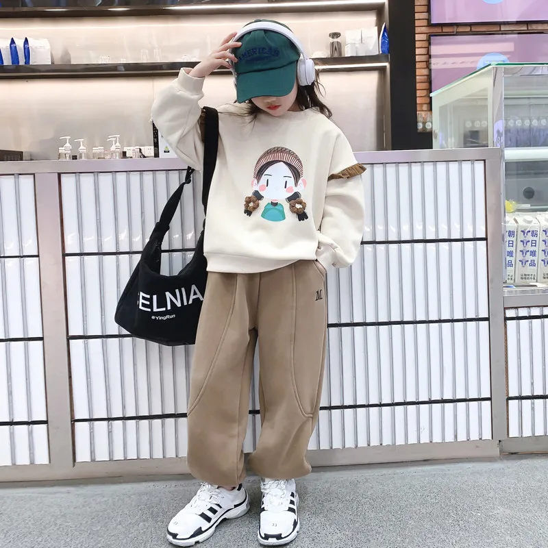 Girls Cotton Contrast Sweet 3D Cartoon Ruffle Sleeves Sweatshirt+Sweatpant Set School Kids Tracksuit Child Jogger Outfit