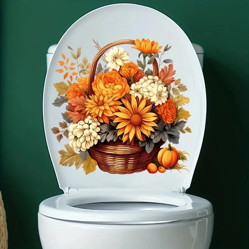 

Autumn Floral Basket Toilet Lid Decal Self-Adhesive Sticker for Bathroom Kitchen & Living Room Decor ,Single Use