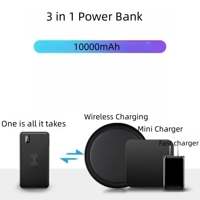 3 in 1 Power Bank 10000mAh Qi Wireless Charger Fast Charging Powerbank for iPhone 14 Samsung Xiaomi Portable Charger Poverbank