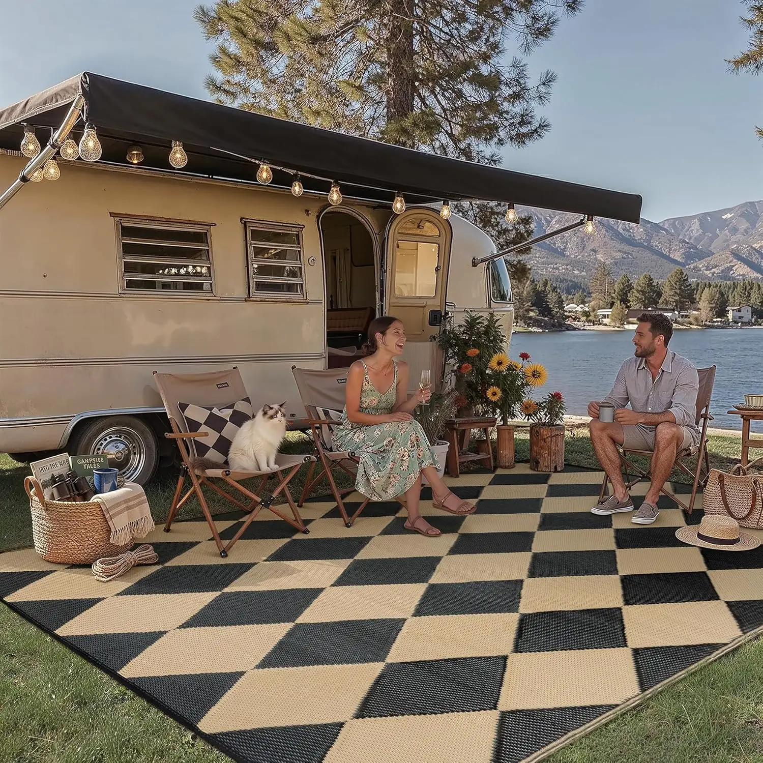 

Outdoor Plastic Checkered Rug Waterproof Patio 9x12 Black Brown Diamond Geometry Mat for Porch Camping RV Balcony Deck Courty
