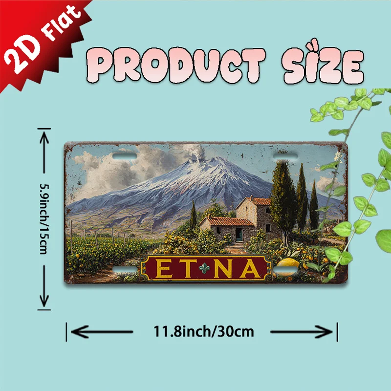 2D Flat A Vintage Metal Sign,Decorative Plaque And Sign, Retro Decorative Art Featuring Mount Etna And a Lemon Grove, Suitable