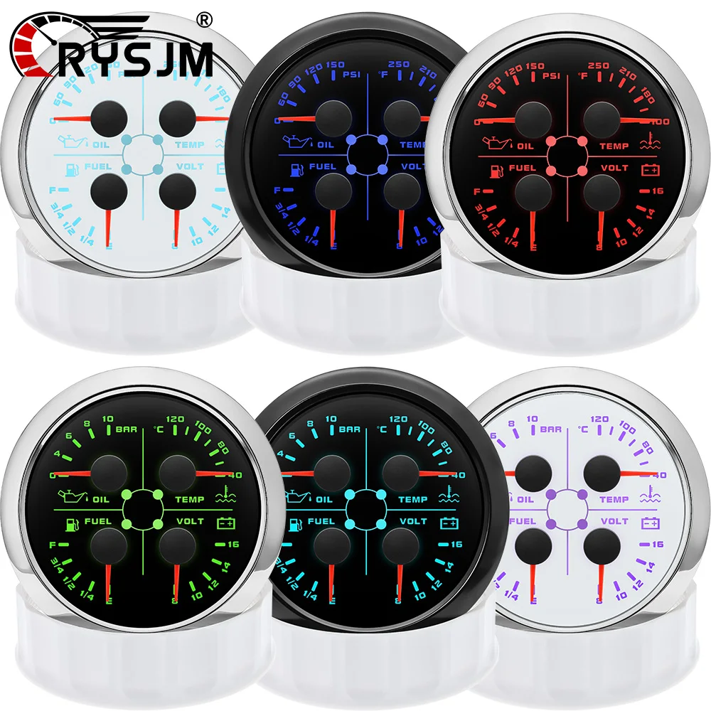 

7 Color Backlight 4 In 1 Car Oil Pressure Meter + Water Temp + Voltmeter +Fuel Level Gauge With Alarm Waterproof Car Accessories