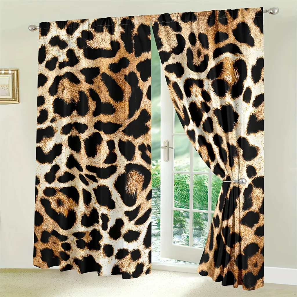 2pcs Animal Printed Curtains,Leopard Cow Printed Window Curtain,Rod Pocket Drapes for Bedroom LivingRoom,Cowhide Room Decor