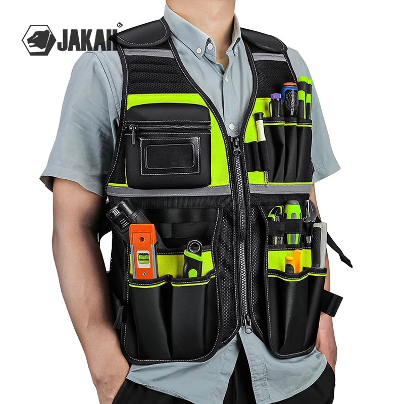 Workwear Allround Work Tool Vest Reflective Safety Vest with Multi-pockets and Zipper Heavy Duty Tool Vest for Electricians