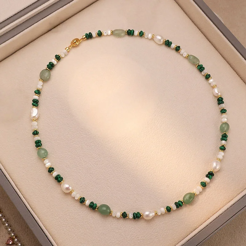 Hochwertiges Trendiges Natürliches Süßwasserperlen- & Grüner Jadestein 14K Vergoldetes Damen-Schmuckset Frauen Halskette Armband Geschenke – Detail 3