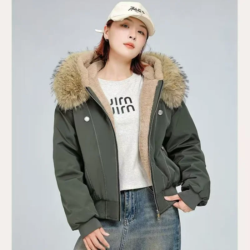 Unisex Vintage Parka Jacket Faux Fur Hood Thick Fleece Lined Short Cotton Coat For Petite Men Women Winter