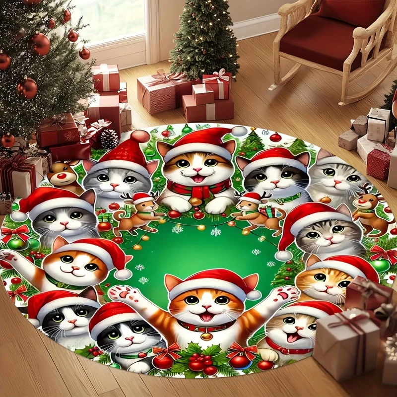 Christmas Cats Wearing Santa Hats Round Rug,Holiday Kitten Printed Circular Floor Carpet,Living Room Indoor Home Decoration