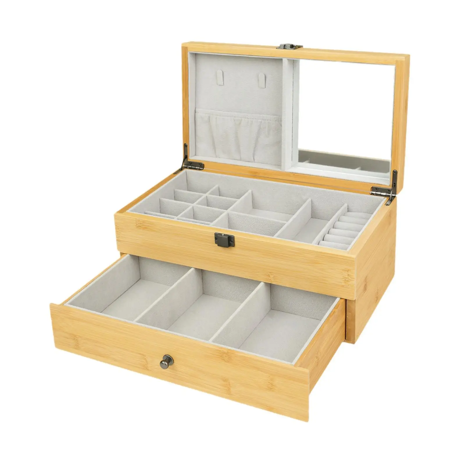 2 Tier Wooden Jewelry Box Organizer with Mirror Drawer Desktop Trinket Box for Women Lady NightStand Dresser Sunglasses Bedside