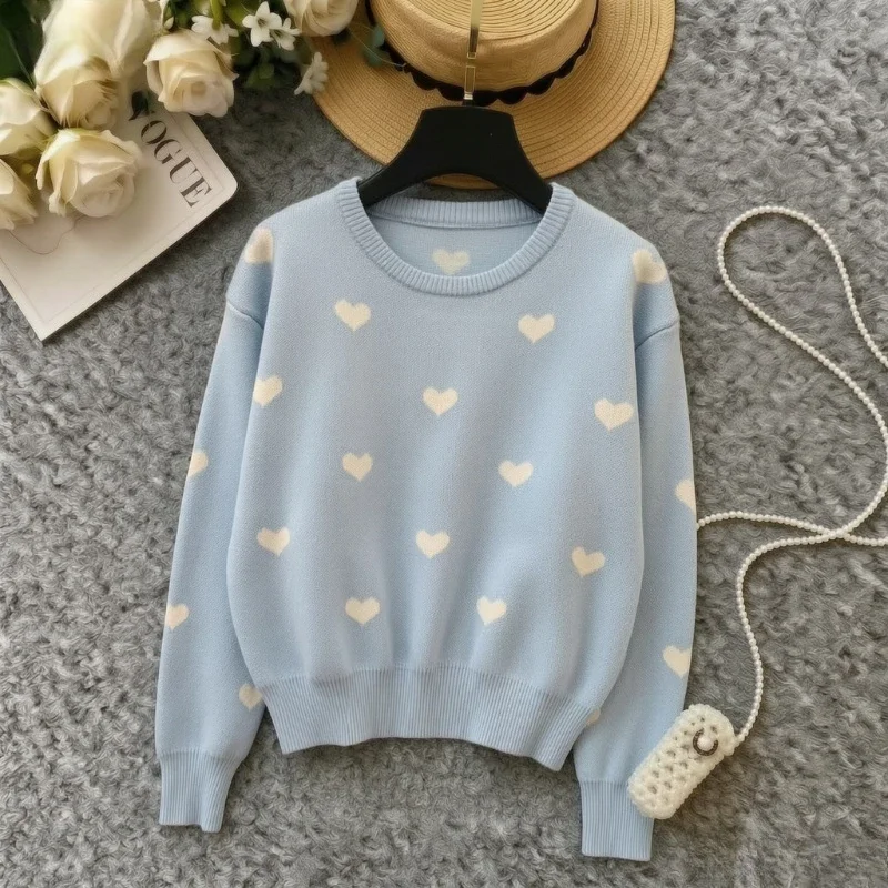 Ladies Sweet Heart Pattern Knit Pullover Elastic Long Sleeve Crew Neck Sweater Ribbed Trim Casual Cute Autumn Fashion Knit Top