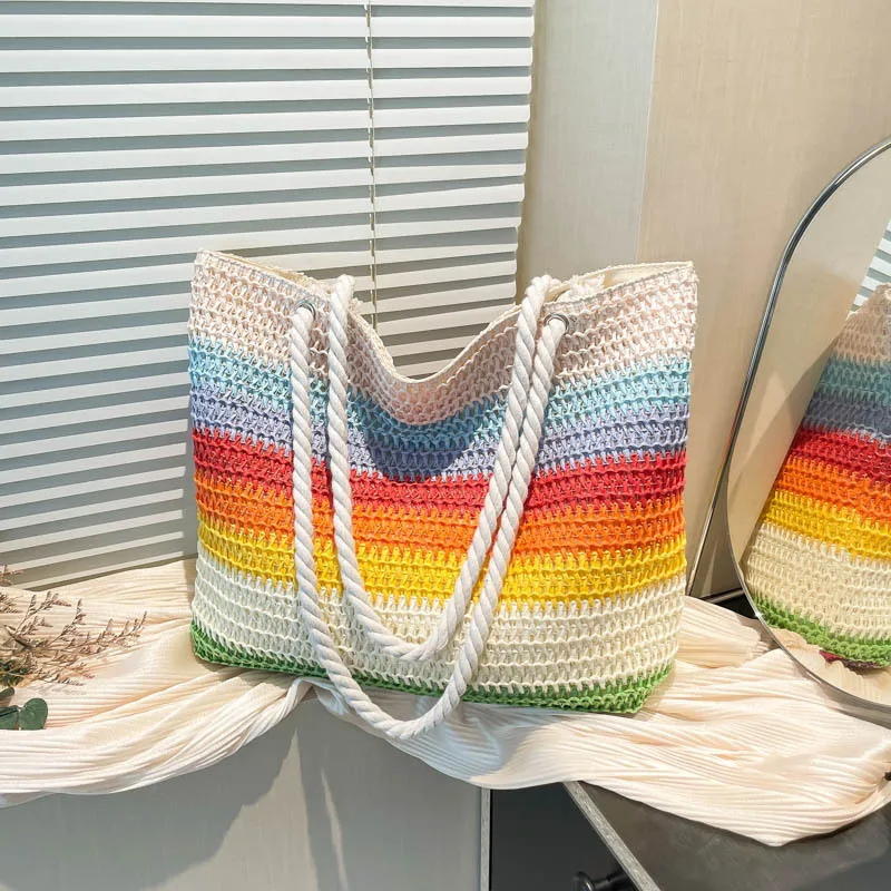Summer Straw Tote Bag, Rainbow Color Block Woven Beach Handbag with Cotton Rope Strap, Large Capacity Boho Shoulder Bag