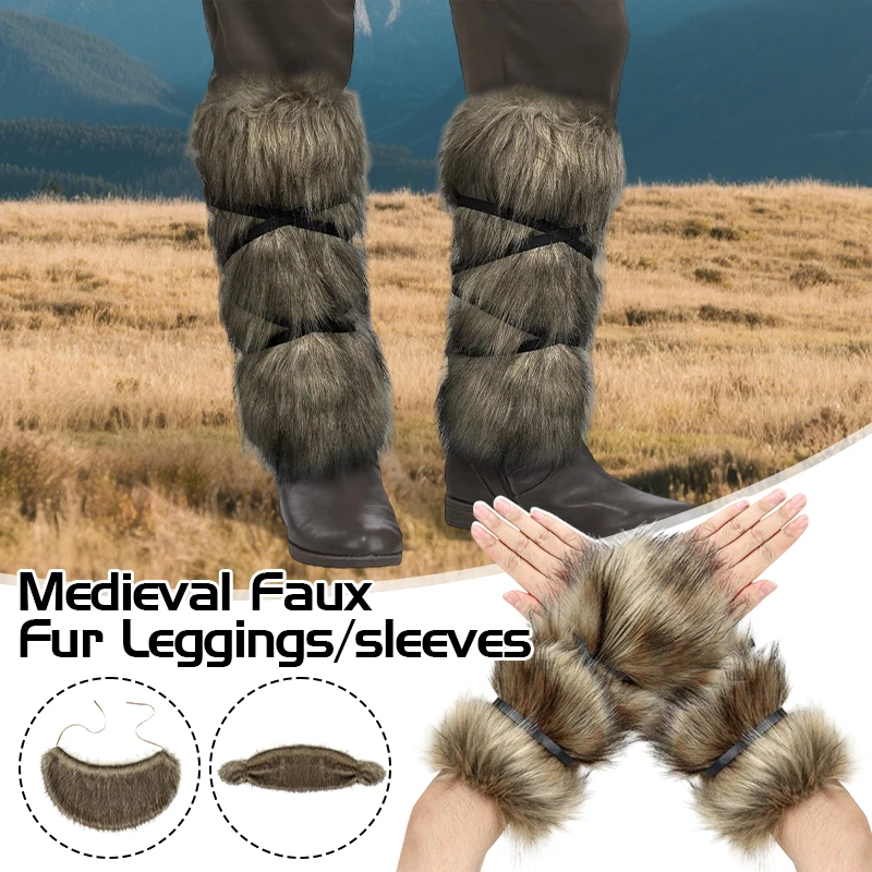 

Medieval Viking Imitation Fur Wrist Guards Scarves Vikings Knight Furry Warm Boots Cover Halloween Hunter Pirate Cosplay Costume