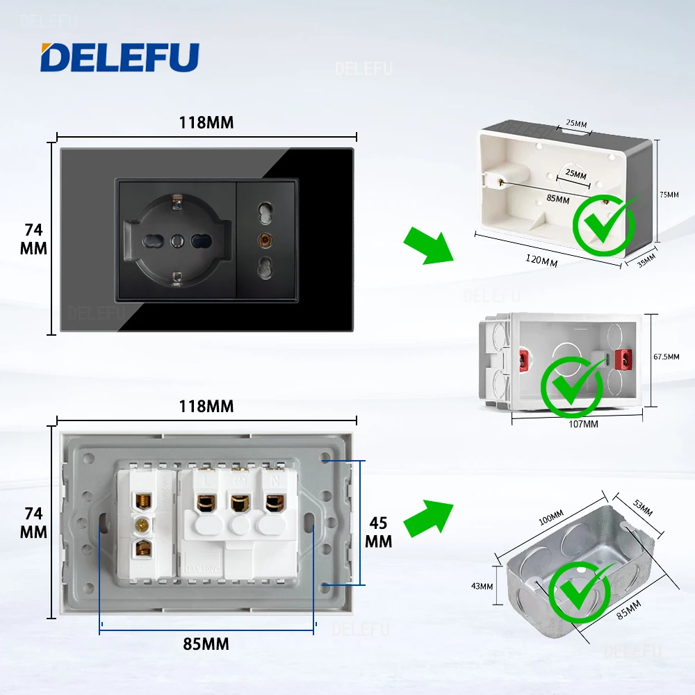DELEFU Black Tempered Glass Italy USB TypeC Fast Charging Wall Socket Schuko Switch Sat TV Tel Doorbell Chile