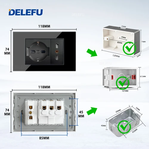 Imagen 2 del producto DELEFU vidrio templado negro Italia USB TypeC enchufe de pared de carga rápida Schuko Tuya Wifi interruptor inteligente Sat TV Tel timbre Chile