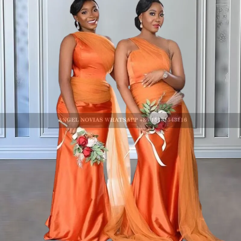 

Mermaid Newest One Shoulder Orange Bridesmaid Dresses Overskirt Maid of Honor Gown Tulle Train Wedding Invitada Robes