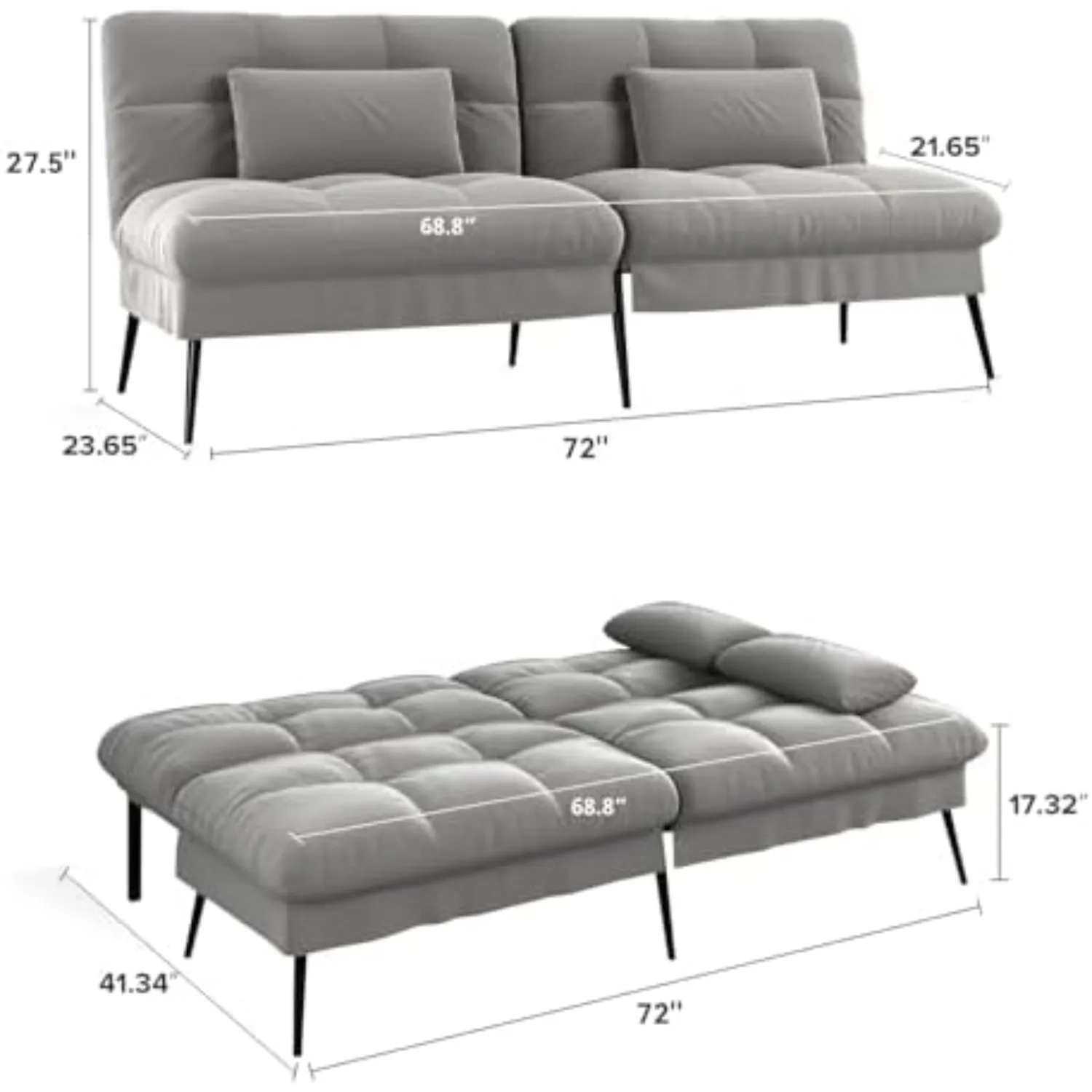 Futon Sofa Bed, 72″ Convertible Sleeper Sofa, Upholstered Loveseat | Adjustable Fabric Foldable Couch,Multi-angle
