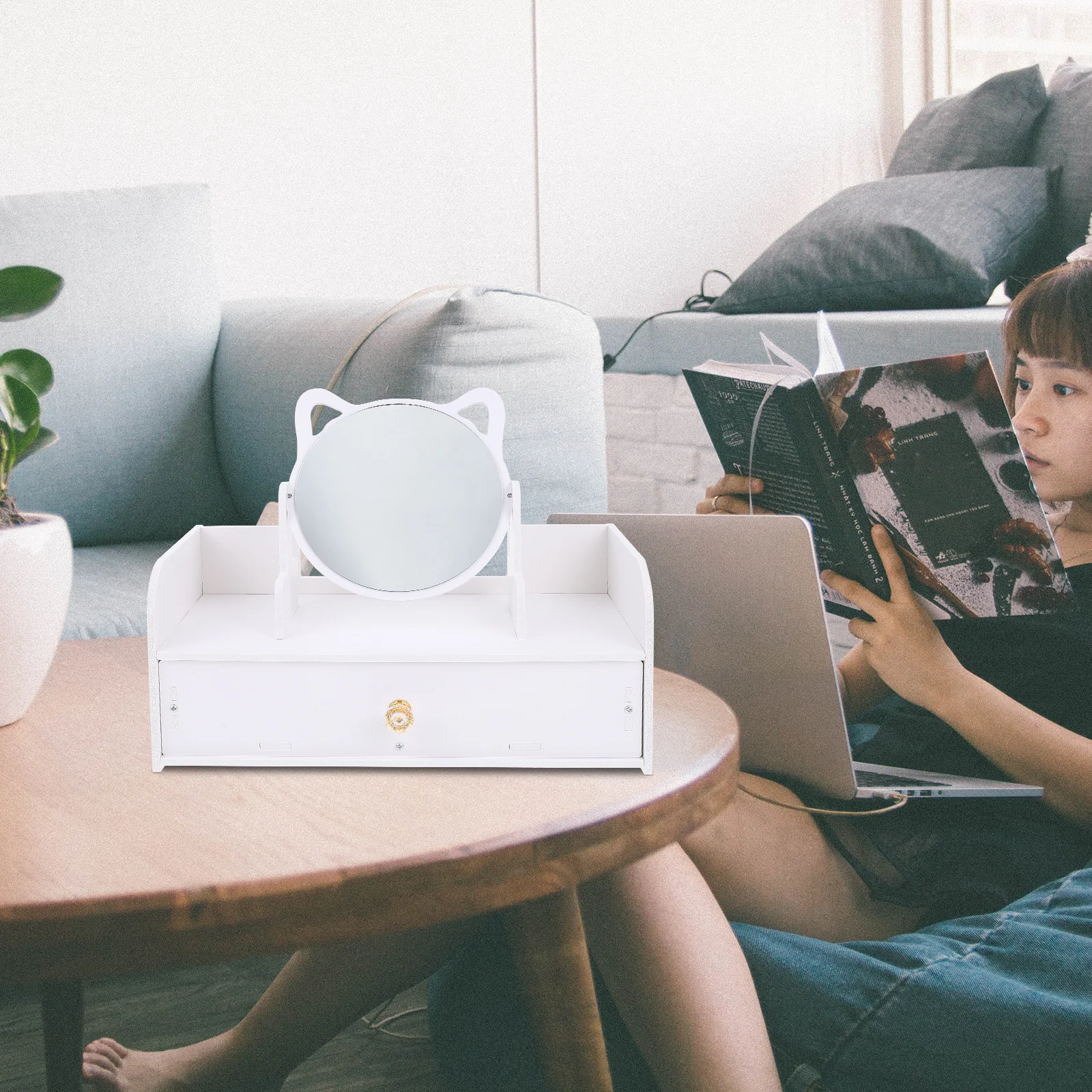 مرآة مكياج لسطح المكتب، حامل ثابت رائع، سطح مكتب مختلف، تخزين مريح متعدد الوظائف #6