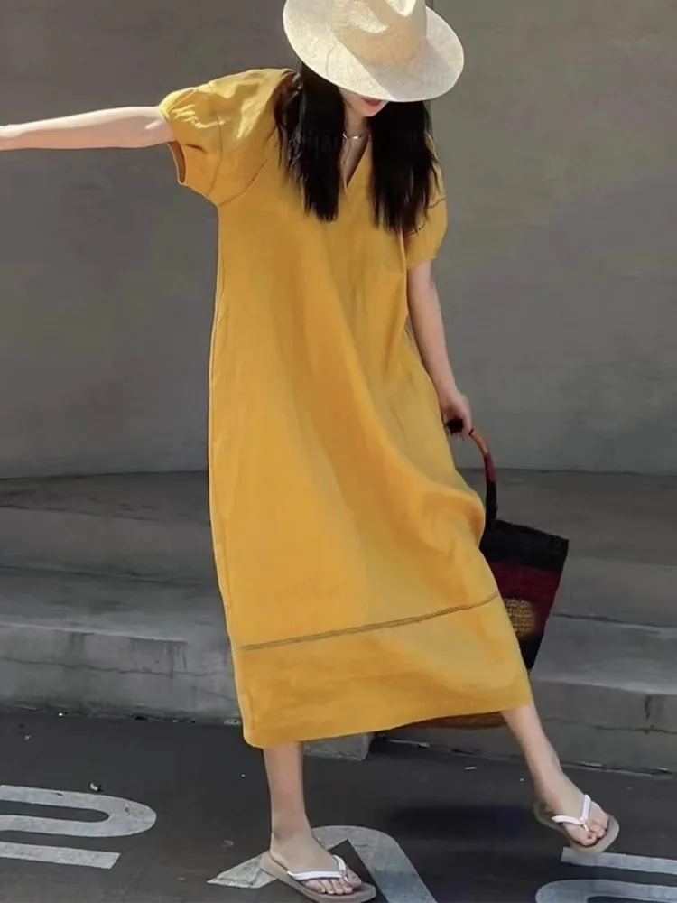Elegant Yellow Linen Dress Ladylike Style Vacation Vibes Women's Summer Fashion Casual V-neck Short Sleeve Loose Fit Dress