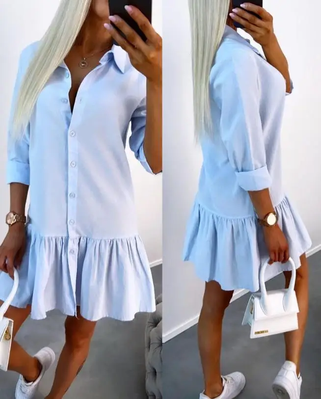 

Spring and Autumn Thin Casual Fashion Commuter Women's Dress with Collar Long Sleeve Single Breasted Ruffle Blouse Short Skir