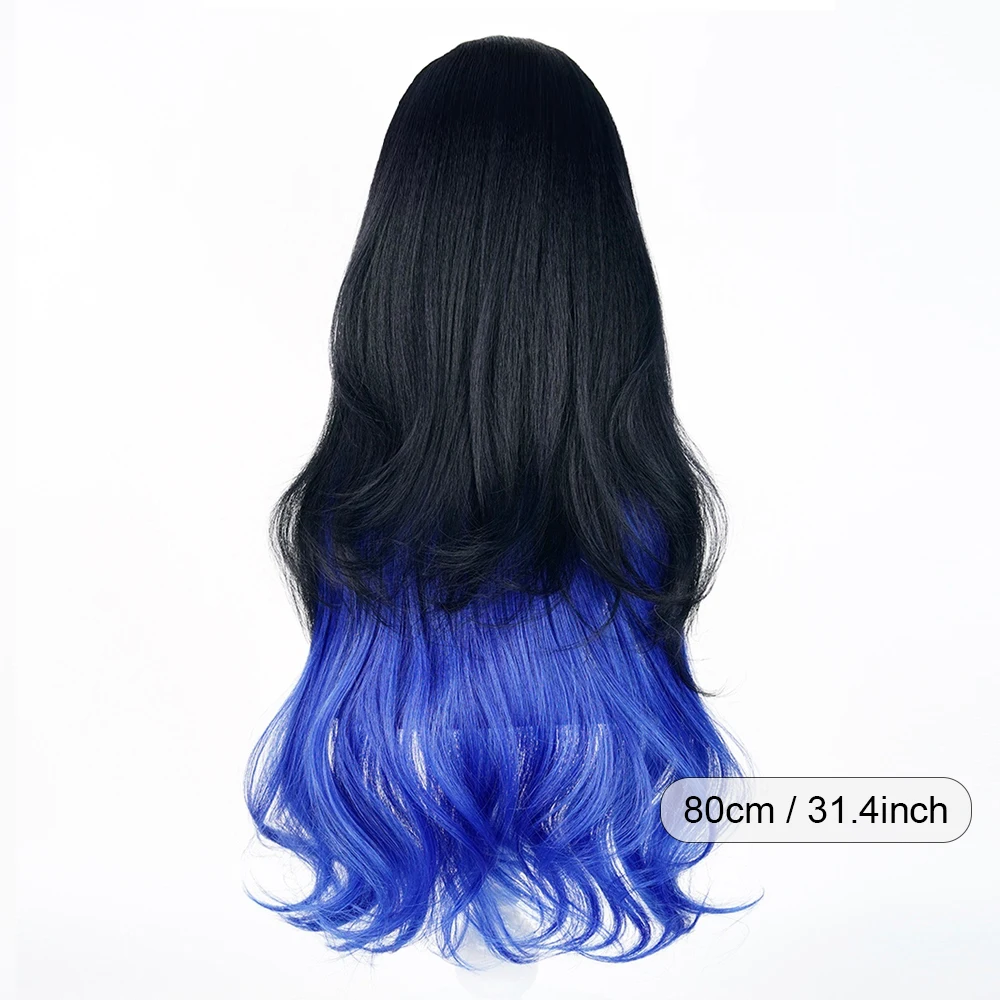 Black Ombre Blue Long Wavy Synthetic Braided Wigs with Bangs Anime Game Cosplay Fluffy Wig for Daily Party