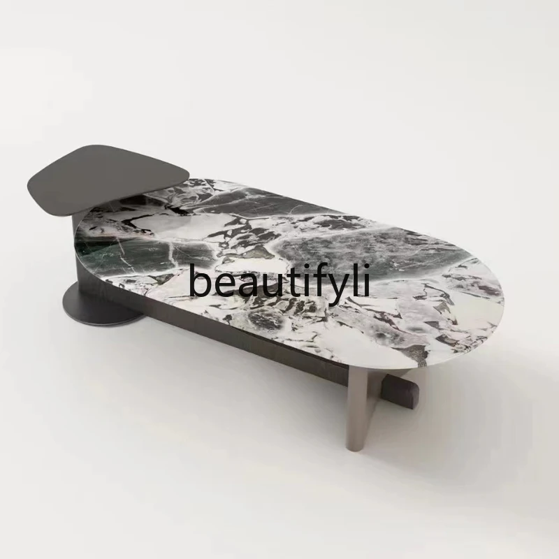 

Italian Minimalist Red Oak Marble Coffee Table Set Oval Small Apartment Living Room Home High-End Feel