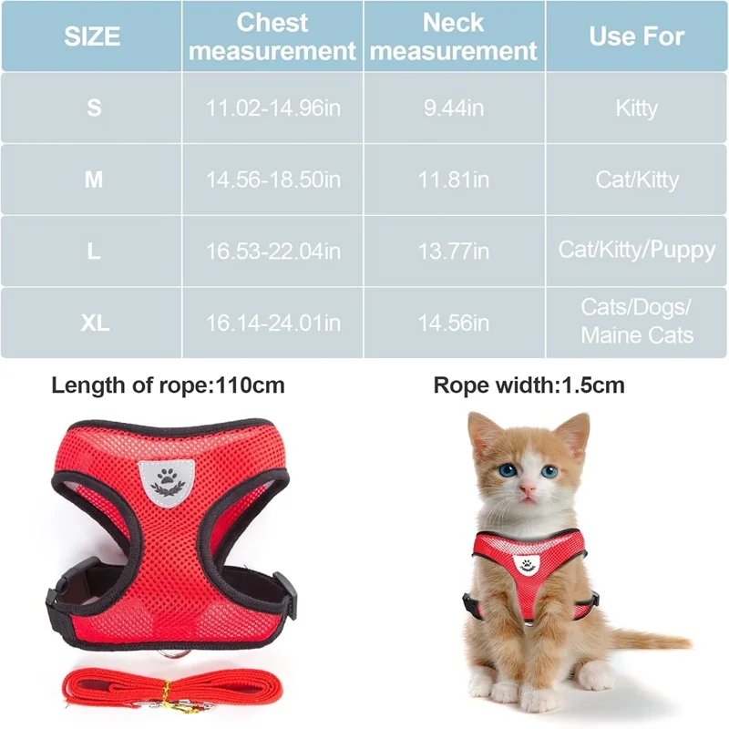 Katzenharnisch mit Leine, verstellbare Hundeweste aus Polyester-Mesh, atmungsaktive Geschirre für kleine Hunde, Katzenzubehör – Detail 1
