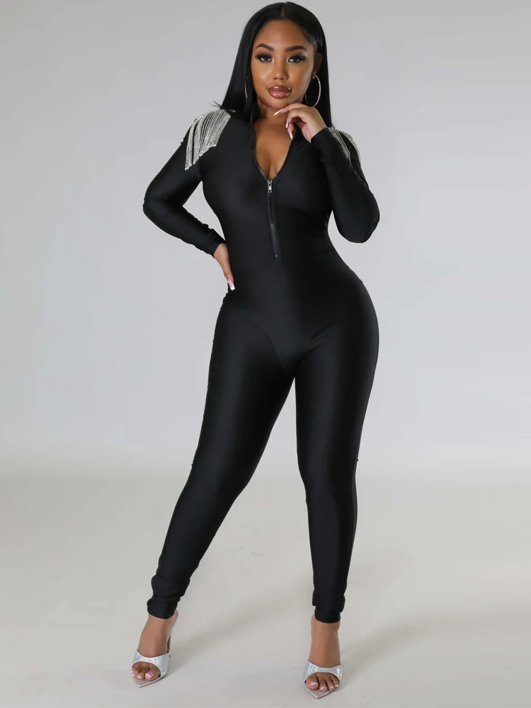 Women\'s tassel zipper long sleeved high waisted pencil tight jumpsuit black casual street casual fashion commuting jumpsuit 2024