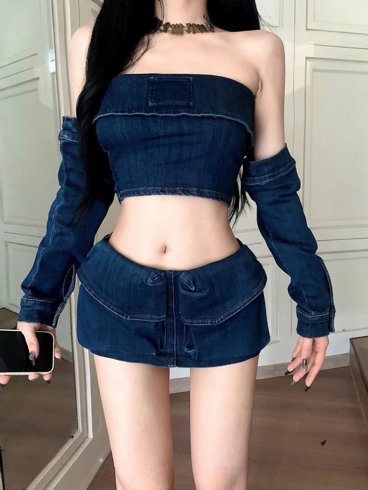 

Vintage Spicy Girl Denim Sleeve Strapless Top Short Skirt Exposed Waist Elegant Set Women Summer Outfit