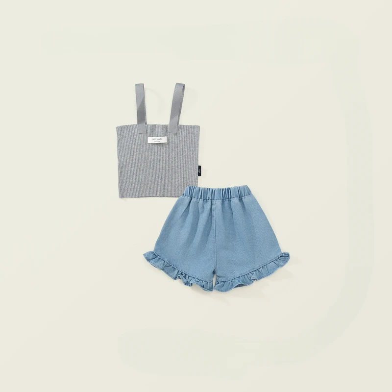 Girls' Summer Set 2024 New Girls' Korean Version Grey Halter Top + Lace Denim Shorts Two-piece Set