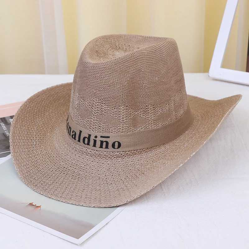 Summer Western cowboy curled big eaves straw hat for men and women outdoor beach sunshade hat Sun-proof letter knit fishing ha