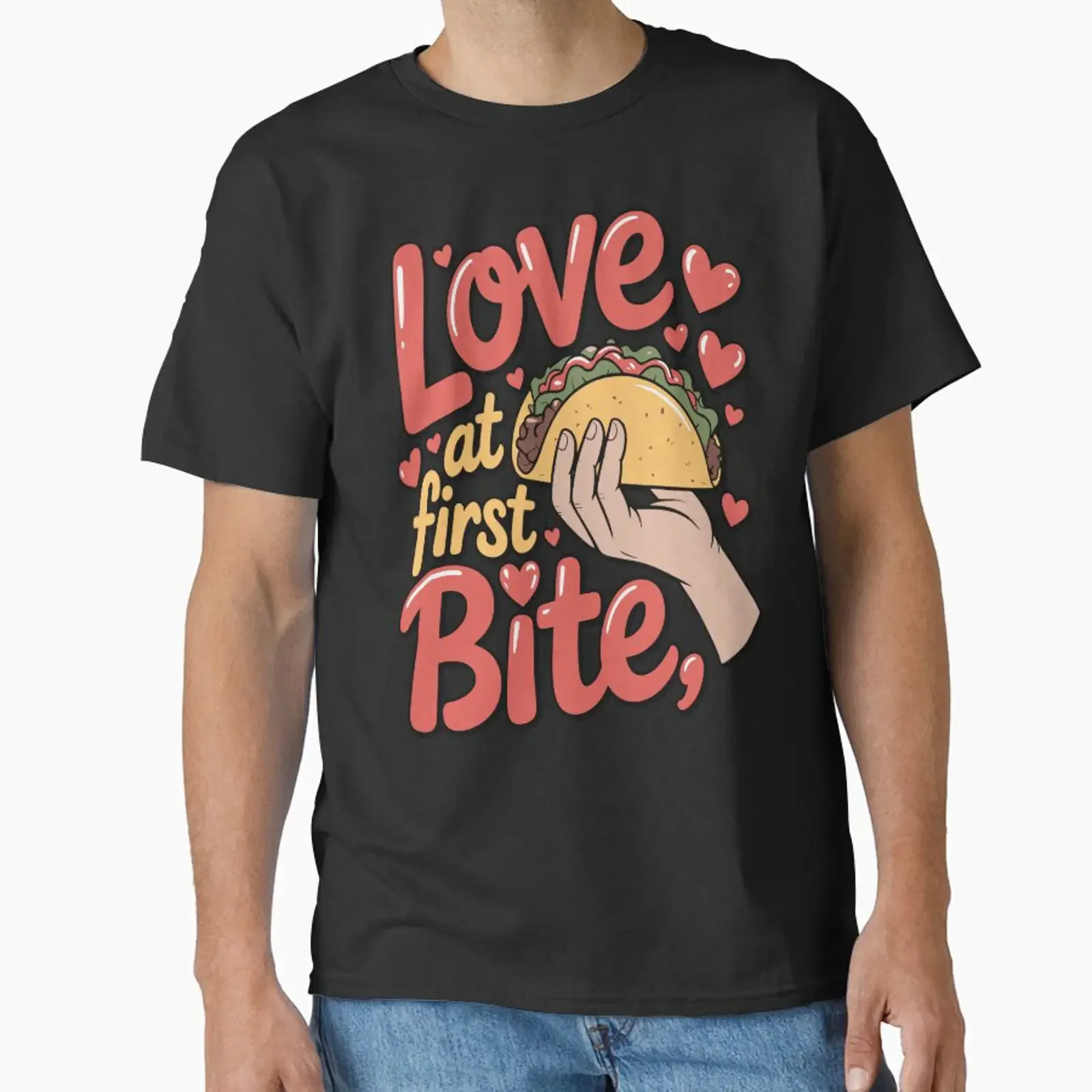 Funny Taco Eating Lover Humor Art Design Love At Frist Bite Classic T Shirt vintage Washed Casual Stretched homme Slightly Soft