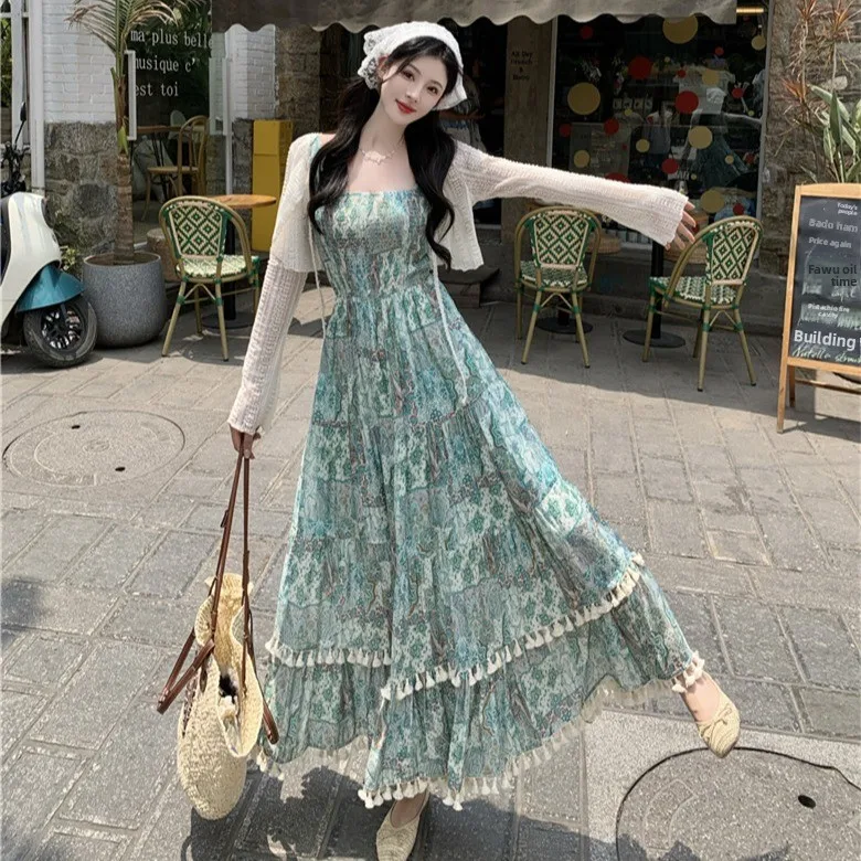 

Оранжевое летнее винтажное шифоновое платье на бретельках с тяжелой вышивкой и кардиганом с квадратным воротником Maxi Dr Sweet Sle High Wa...